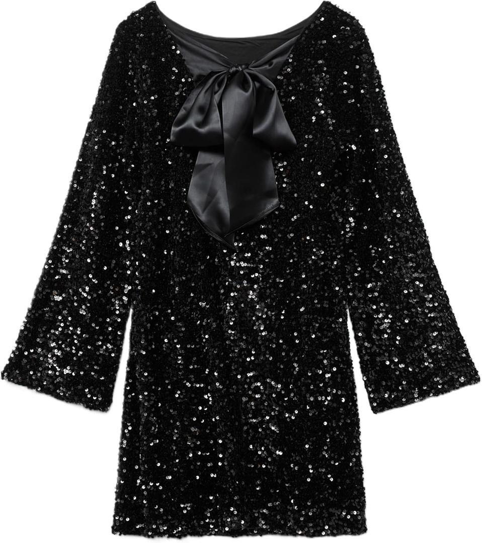 Womens Long Sleeve Sparkly Sequin Mini Dress Backless Bow Tie Short Dress Loose Fit Party Cocktail Glitter Dresses (Medium, Black)