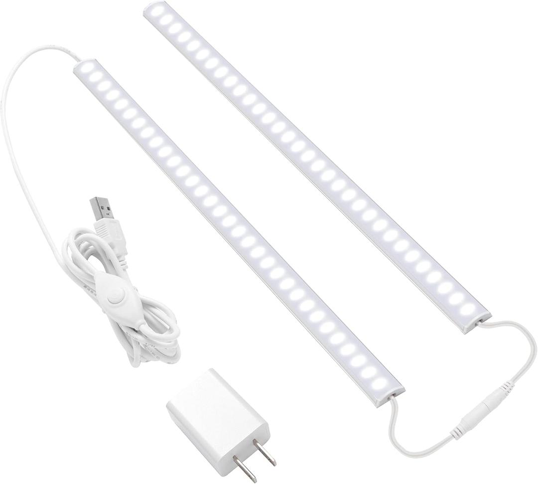 JUSJUBR Plug-in Under Cabinet Lighting, 2pcs 12 Inch Dimmable Closet Light, Cold White 6000K Linkable USB LED Light Bar, Memory Function, Under Counter Lights for Kitchen, Desk, Workspace (2x12 Inch)