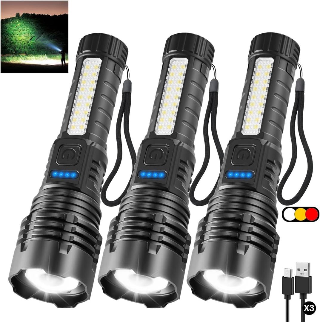 3Pack Rechargeable Flashlights, 7Mode Flashlights High Lumens, Super Bright LED Flashlight, Adjustable Tactical Flash Light, High Powered Flash Light, Handheld Flashlight for Home Emergency Camping