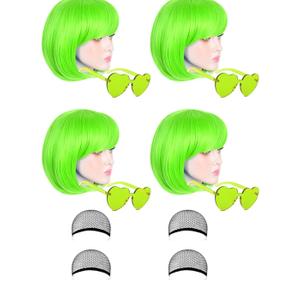 4 Pack Colored Wigs Neon Colorful Wig Short Bob Hair Wig Neon Fun Party Wig Costume Wigs with Heart Sunglasses(Green)