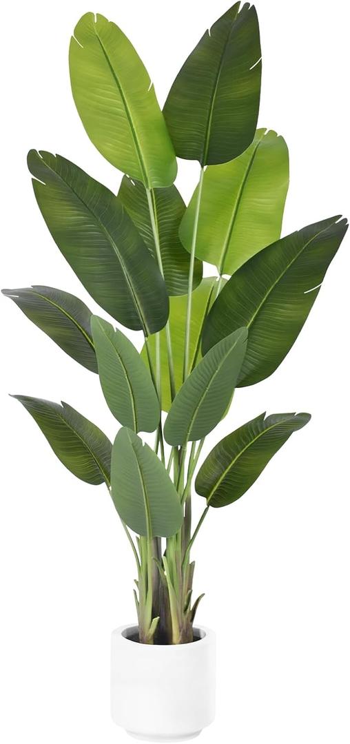 Artificial Bird of Paradise Plant 6Ft Tall Fake Tropical Palm Tree Large Fake Plants with 13 Silk Banana Leaves Faux Plant Indoor Decor Trees with White Pot for Home Bedroom Living Room Office