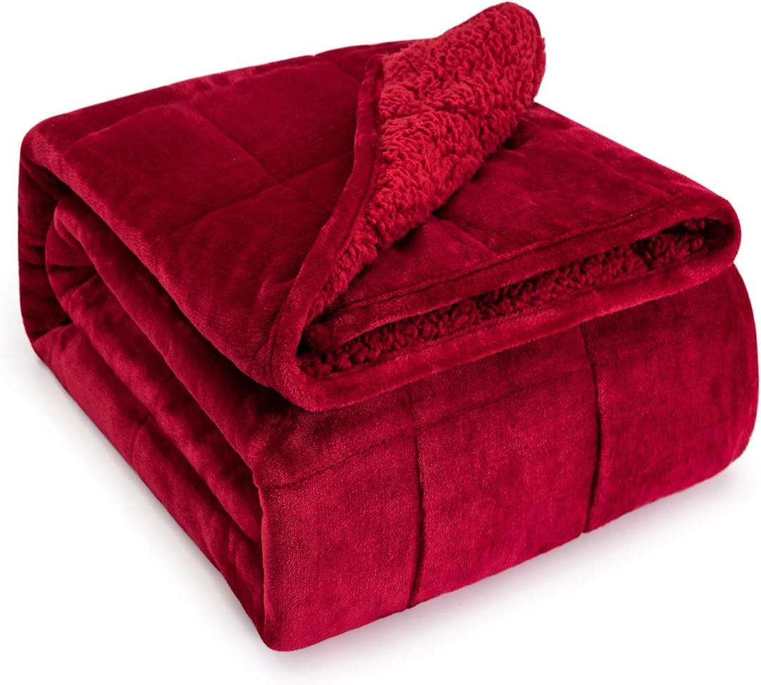 Wemore Sherpa Fleece Weighted Blanket for Adult, 15 lbs Dual Sided Cozy Fluffy Heavy Blanket, Ultra Fuzzy Throw Blanket with Soft Plush Flannel Top, 60 x 80 inches for Queen Burgundy on Both Sides