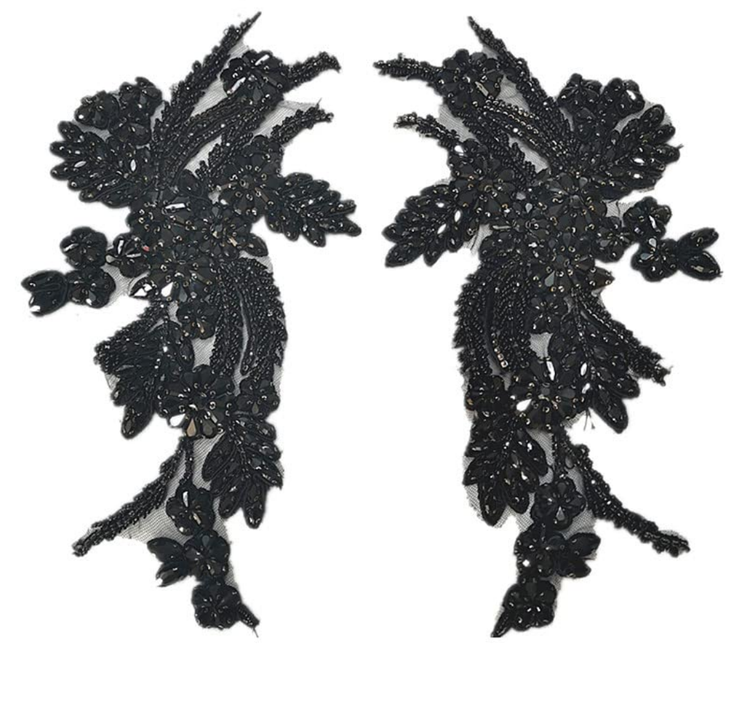 2pc ABS Rhinestone Lace Dress Gorgeous Craft Material Sewing Embroidery Accessories Dress DIY Embroidery(Black Right)