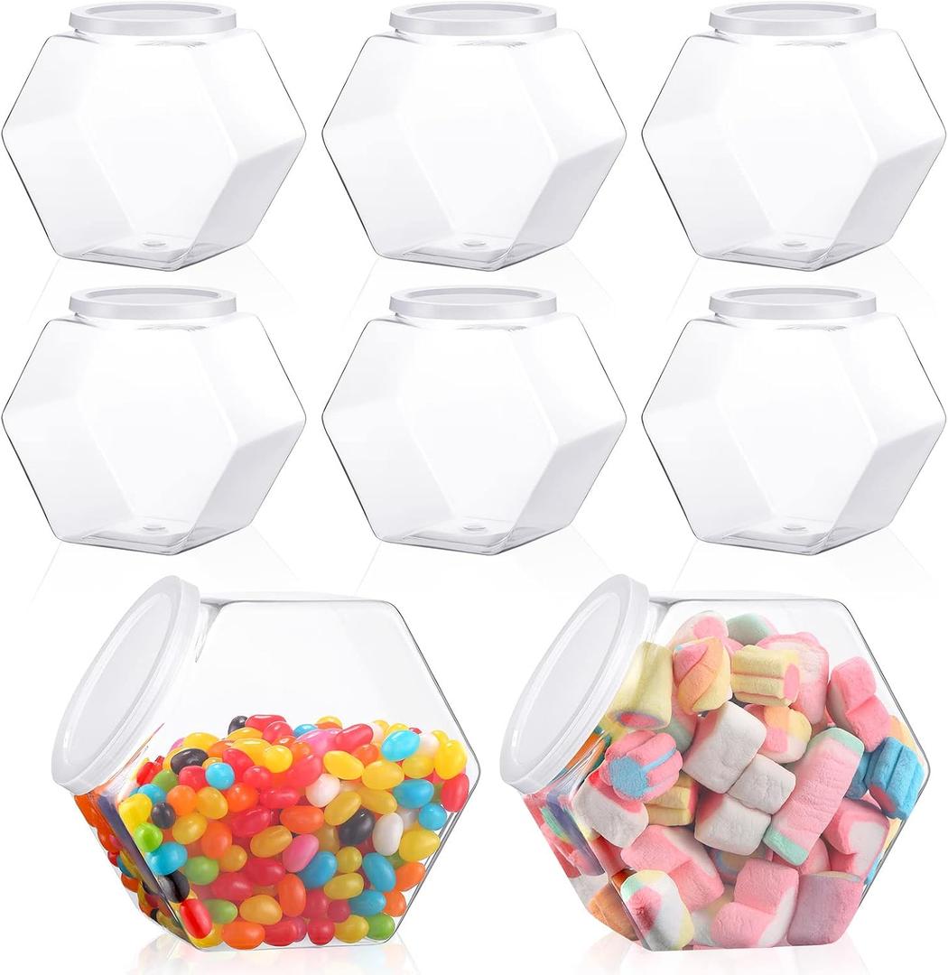 Hoolerry 16 Pcs 30oz Plastic Candy Jars with Lids Hexagon Canister Container Jar Bucket for Candy Buffet Cookies Snacks Gifts and Storage Countertop Display, 5.19 x 3.07 x 4.72 Inch