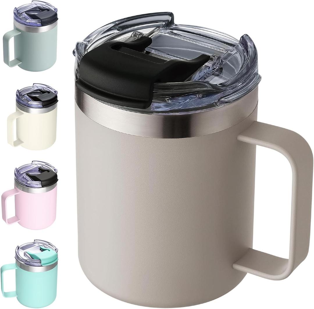 ALOUFEA 12oz Insulated Coffee Mug Cup with Handle, Stainless Steel Travel Coffee Mug with Flip Lid, Double Wall Vacuum Coffee Tumbler,Apricot