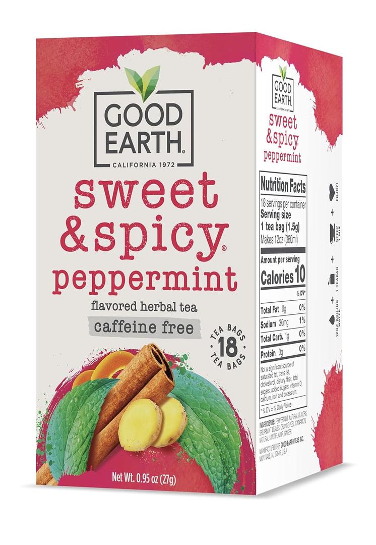 Good Earth Tea, Sweet & Spicy Peppermint Herbal Tea, 18 Count, Pack of 6, Hot or Iced, Iconic Sweet & Spicy with Cool Peppermint (EXP 12/02/27)