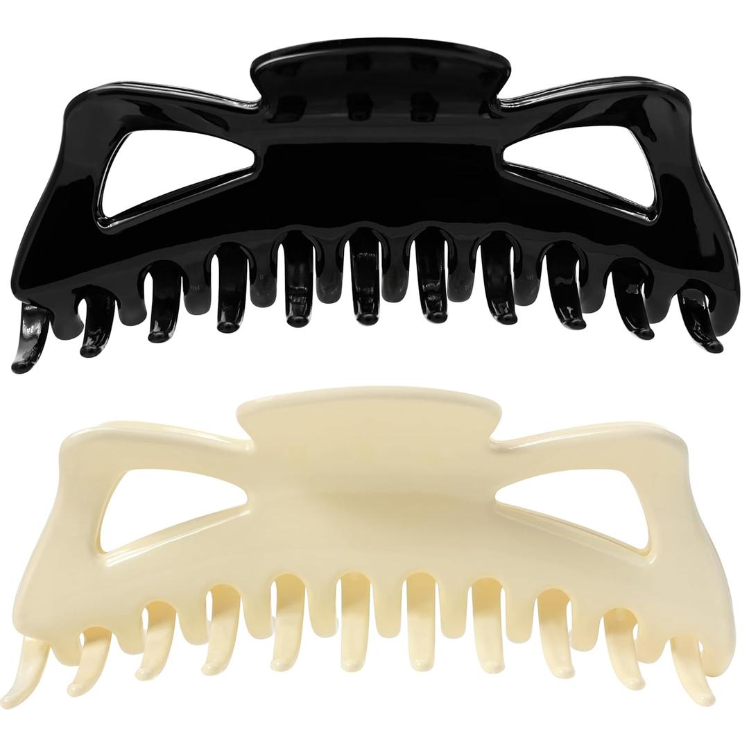 Extra Large Claw Clips for Thick Hair and Long Hair, 2 Pack XXl Jumbo Claw clips, Oversized Matte Non-slip Butterfly Hair Clips for Women, Big Strong Hold Jaw Clip, Gloss Black & Cream