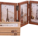 Collage Picture Photo Frames - 3.5x5, Triple Hinged 3 Desk Picture Frame, Wooden Desk Tabletop Family Photo Frame with Glass Opening, Decorative Folding Trifold Picture Frame Stand Vertical, Brown