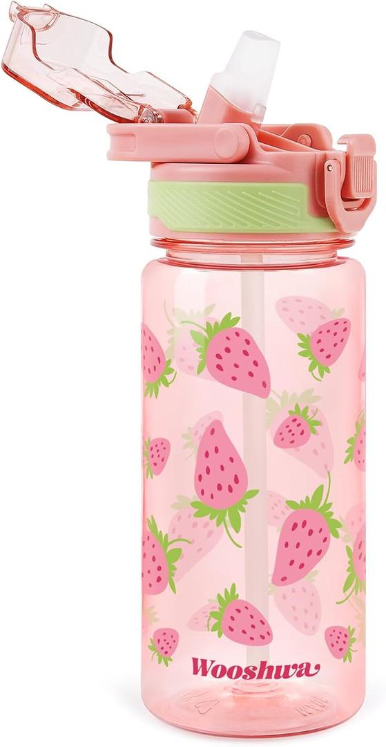 Kids Water Bottle for School, 20 Oz Plastic Straw Water Bottle with Silicone Spout and Leakproof Cover, Dishwasher Safe (Strawberry)