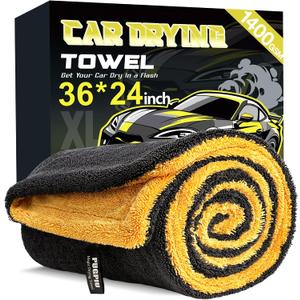 PUGPIU Car Drying Towel - 1400GSM Extra Large Super Absorbent Microfiber Towels for Cars 24"x36" - Large Edgeless with Twisted Loop, Lint-Free & Streak-Free for Auto Detailing, SUV, Truck (Yellow), 36"X24"