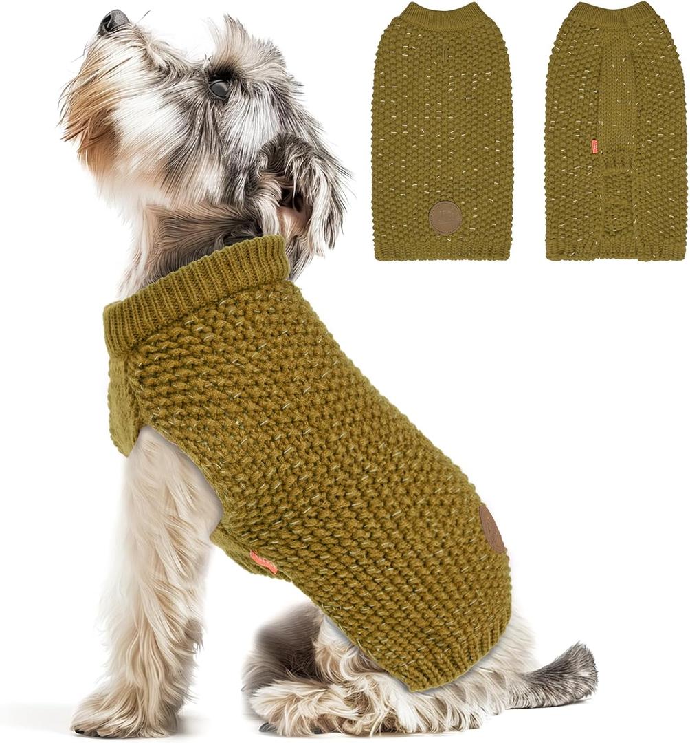 KYEESE Dog Sweater with Leash Hole for Small Dogs Male Warm Pullover with Reflective Thread Soft Knitwear Boy Dog Clothes Cozy Lightweight Thick Sweater Pet Indoor Outdoor Wear, Brown, X-Small (12-18lbs)