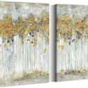 summer melody Bedroom Abstract Canvas Wall Art: 2 Pieces Gold Modern Landscape Picture Autumn Yellow Forest Painting Contemporary Nature Scenery Tree Print Gray Rustic Vertical Artwork (11L" x 16W")