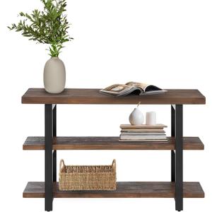 Alaterre Furniture Pomona 48" Solid Pine Wood Media Console Table with 2 Open Shelves and Metal Legs - 3-Tier Storage Display and Rustic Industrial Accent Furniture in Natural Finish (Brown)
