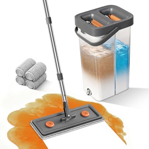 MUEE Mop and Bucket with Wringer Set for Home, Flat Mop and Bucket Set for Floor Cleaning and Window Wall Cleaner, Wet and Dry Mop with Long Handle and 4 Microfiber Pads