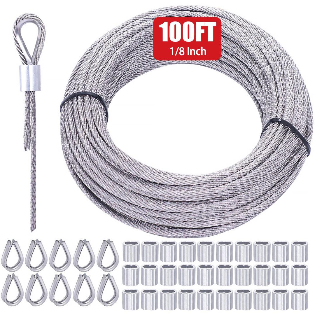 Twidec/100FT 1/8" T316 Stainless Steel Cable for Deck Cable Railing 7x7 Steel Wire Rope Construction with 30PCS Wire Rope Crimping Loop Sleeves 10PCS Thimbles for DIY Balustrades Handrail