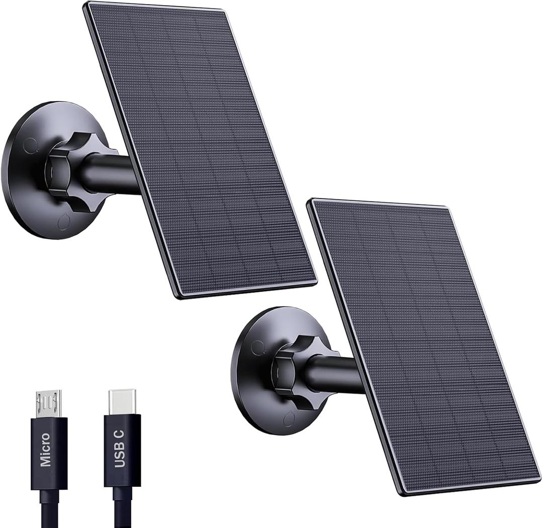 2W Solar Panel for Security Cameras with USB and USB-C Port, 2 Pack