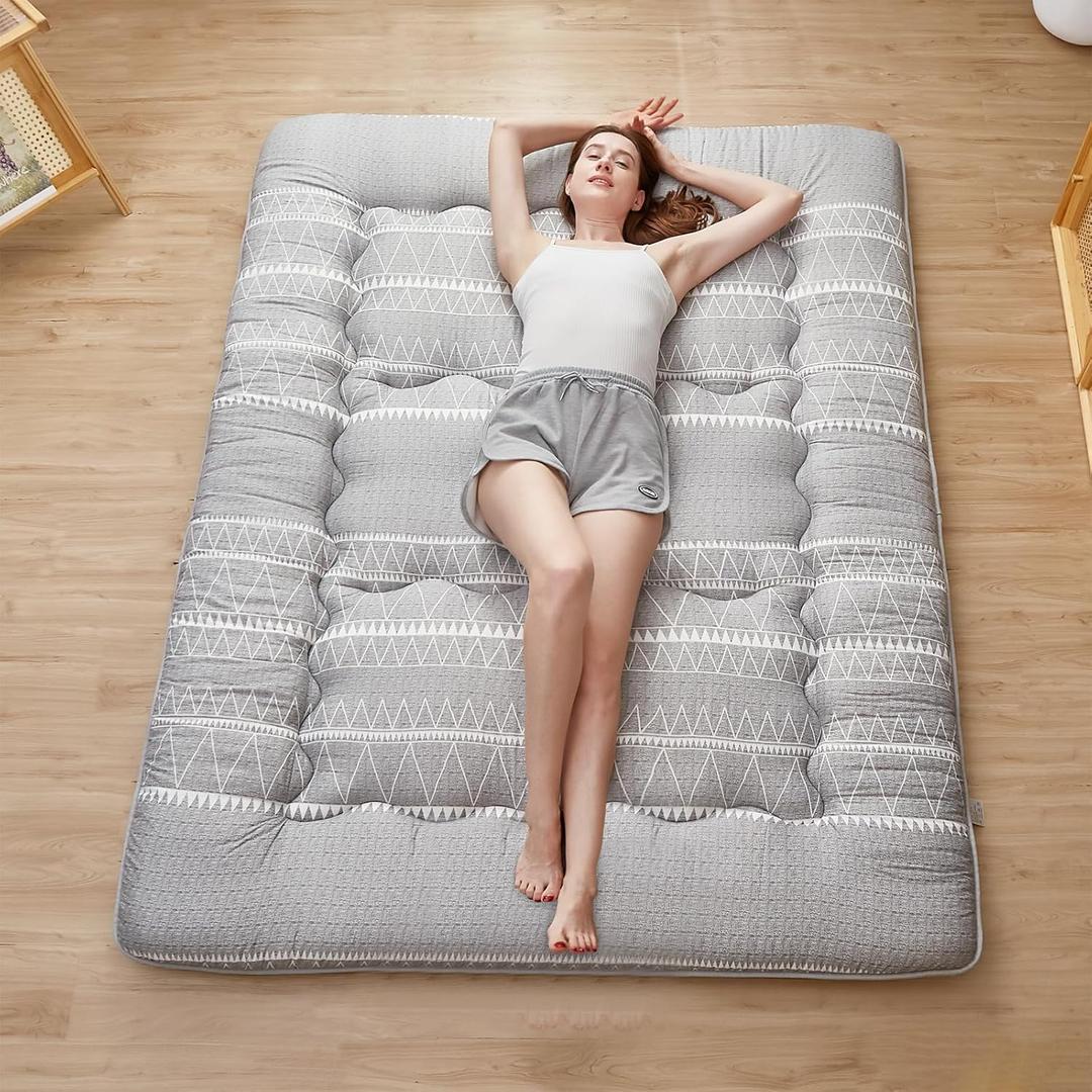 Japanese Futon Floor Mattress Foldable Tatami Mattress, Roll Up Sleeping Mat with Washable Cover for Adults,Child,Guest Twin Full Queen (Queen, Grey Triangle)