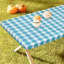 Rectangle Vinyl Table Cloth, Waterproof Elastic Fitted Tablecloth with Flannel Backing, Plastic Table Cover for Picnic, Camping, Outdoor (White & Aqua, 30"x48")