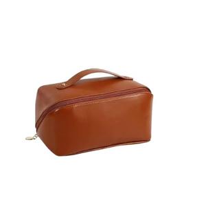3x Personalized Travel Makeup Bag, Customized Large Capacity Cosmetic Bag with Printed Name Initials, PU Leather Toiletry Bag for Women, Wide Open Portable Pouch with Divider and Handle, Mothers Day Gift