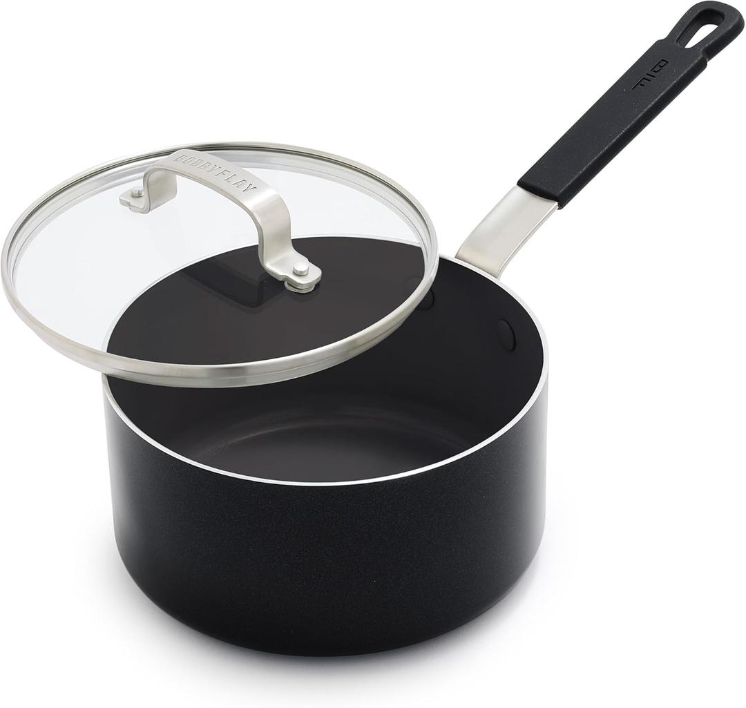 GreenPan x Bobby Flay 2.5QT Nonstick Saucepan with Glass Lid, PFAS-Free Diamond Ceramic, Induction Suitable, Stay-Cool Silicone Handle, Easy Clean Dishwasher & Oven Safe, Chef Pan, Black