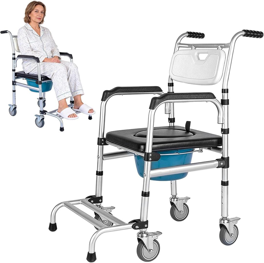 Shower Chair with Wheels Folding Armrests Can Be Upturned Rolling Shower Wheelchair Bedside Commode Chair Toilet with Detachable Bucket for Seniors and Disabled, Weight Capacity 330lbs (White)