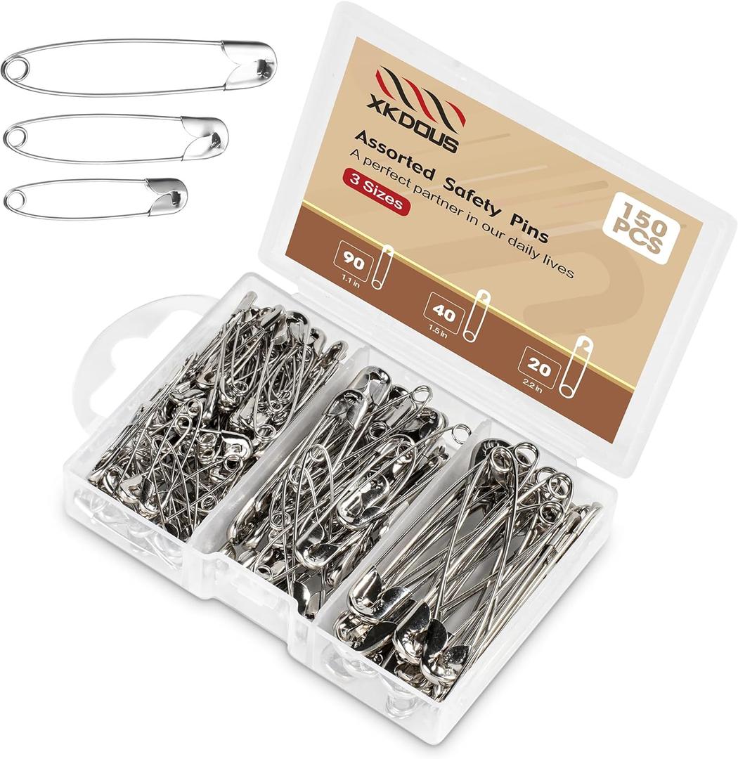 XKDOUS Safety Pins - 150 Pcs Assorted Sizes Silver Pins Bulk - Small & Large Heavy Duty for Clothes, Sewing, Craft (Sliver)