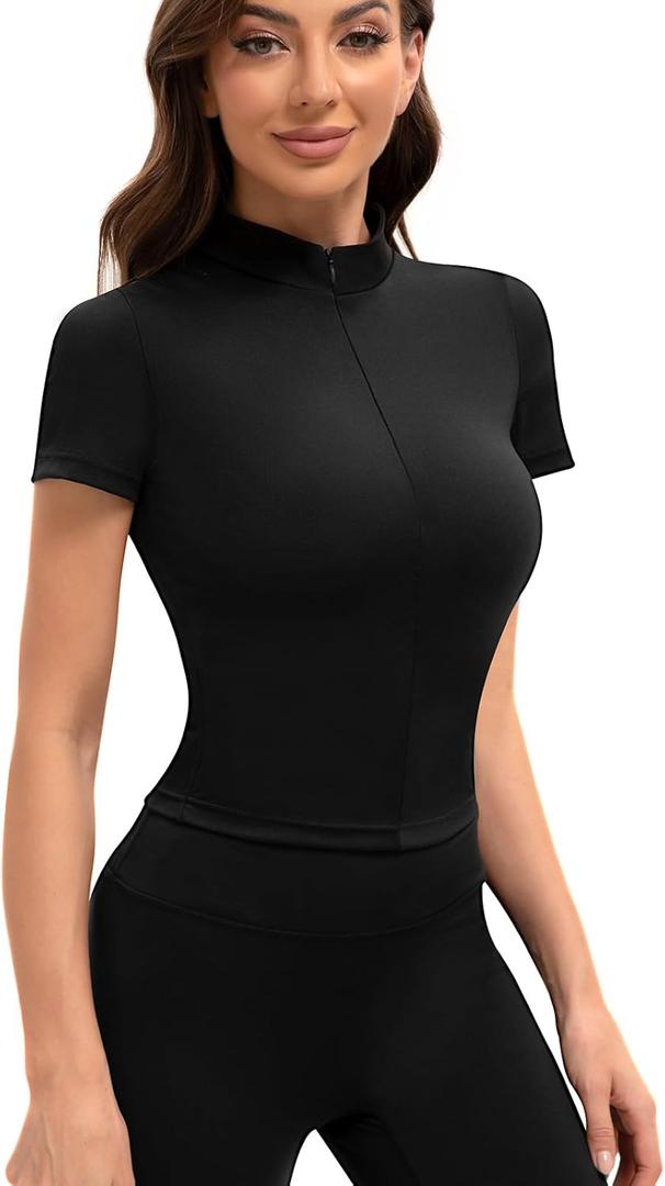 Womens Short Sleeve Workout Shirts Quarter Zip Sweatshirt Athletic Crop Workout Top Yoga Athletic Fit Shirt (Black)