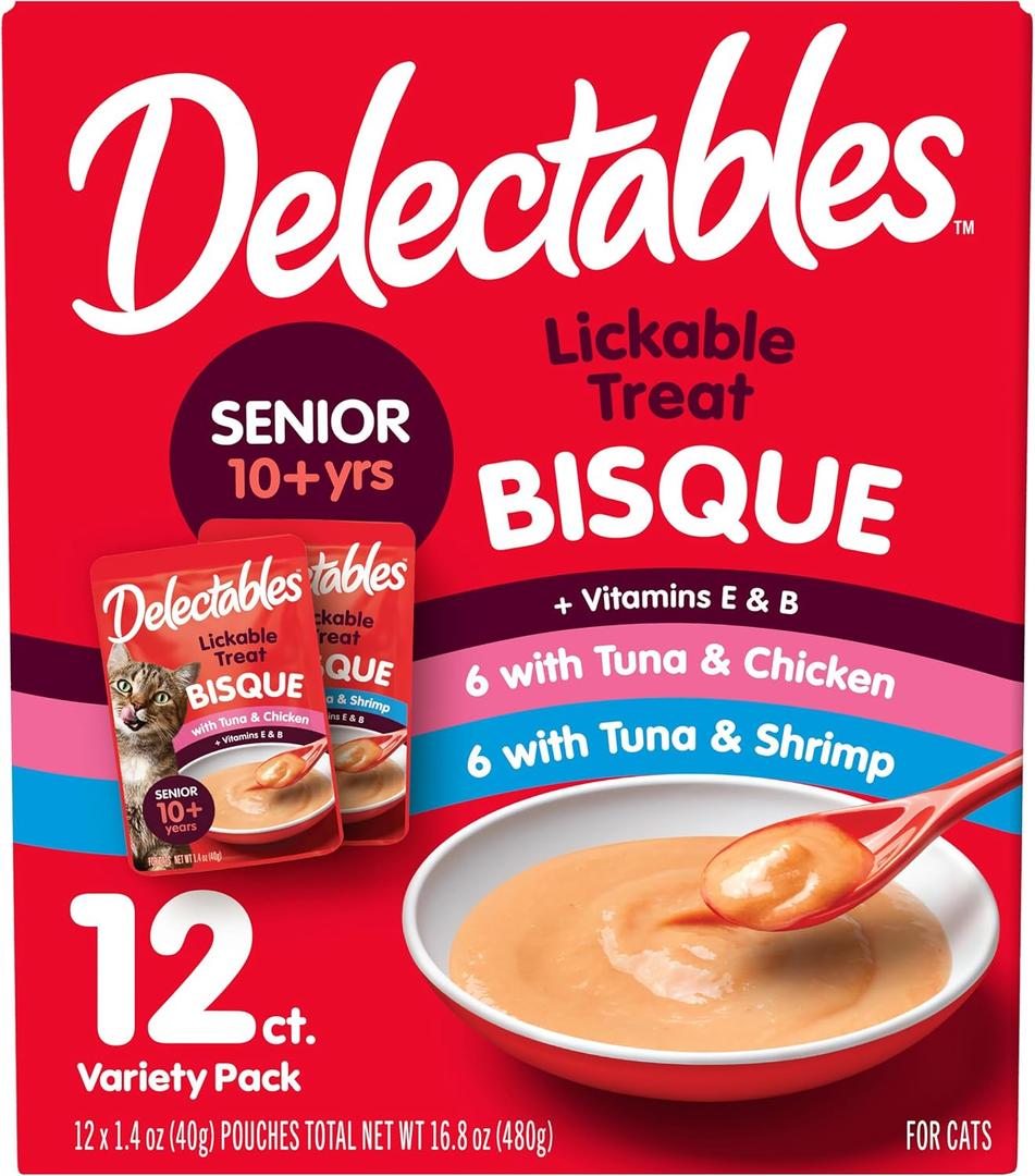 Delectables Lickable Treat Bisque Senior 10+ Wet Cat Treat Variety Pack, Food Topper, Hydrating, Grain-Free, No Fillers, No By-Products, No Added Preservatives, 1.4oz Pouch, 12ct (EXP 02/21/27)