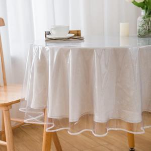 Clear Heavy Duty Vinyl Tablecloth with Sewn Finished Edges Round Waterproof Oil-Proof Stain Resistant Plastic Table Cover Protector (Round 60 Inch)
