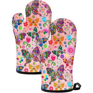 Swooflia Oven Mitts 2 PCS for Kitchen, Heat Resistant Hot Mittens Gloves for Cooking Grilling Baking BBQ Butterfly Cook Essentials Accessories Home Microwave Safe (7''x11'')