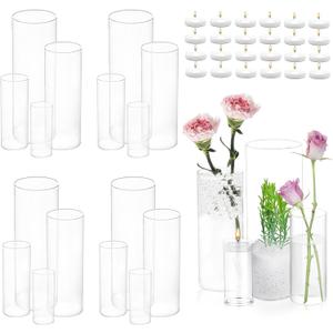 UDU Set of 16 Cylinder Glass Vases and 24 Pcs Floating Candles for Centerpiece, 4,6,8,10 Inch Tall Clear Hurricane Candle Holder Glass Vases for Centerpiece Table Wedding Home Decor