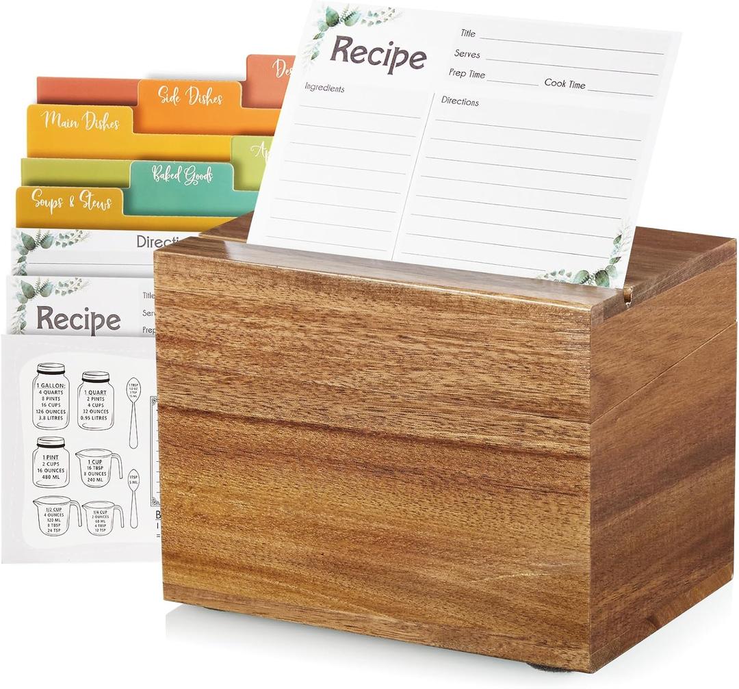 DRASTAR Acacia Wood Recipe Box, Recipe Holder with 100 Cards and 6 Dividers, 4x6 Recipe Card Box Set, Index Card Box