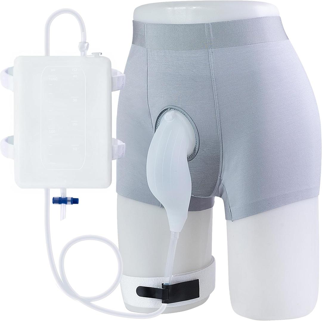 External Catheter for Men with Detachable Silicone Urine Bag (1000mL) | Wearable Urine Collector for Men with Reusable Tube 39.4in, Adjustable Anti-Slip Straps | Home & Daily Use (Gray Underwear+white Bag)