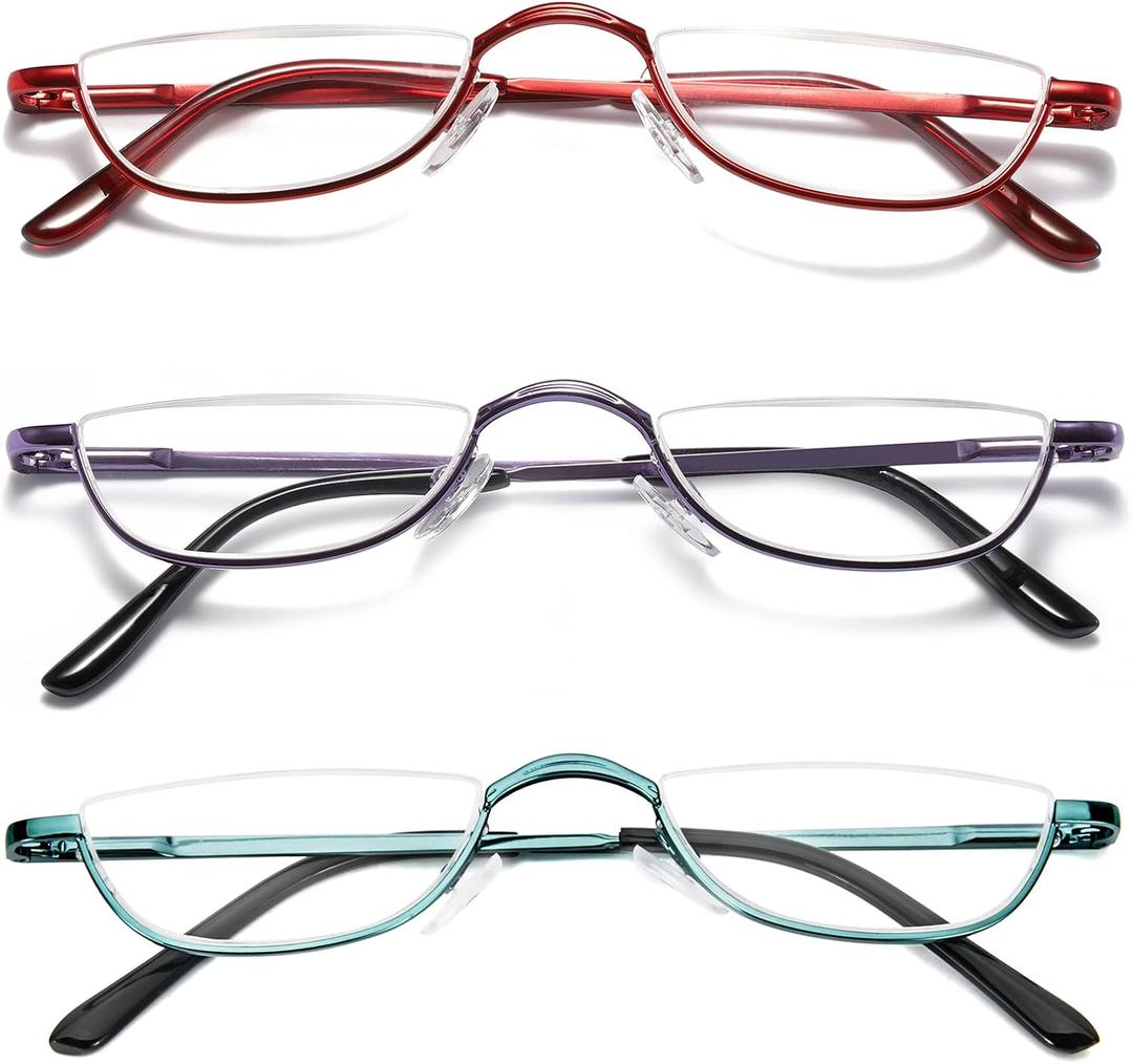DXYXYO Half Moon Reading Glasses for Women Men Small Semi Frame Metal Spring Hinge Readers