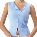 QINSEN Women's Sleeveless Ribbed Crewneck Tank Top Upper Button Fastening Shirts Going Out Tops, XS