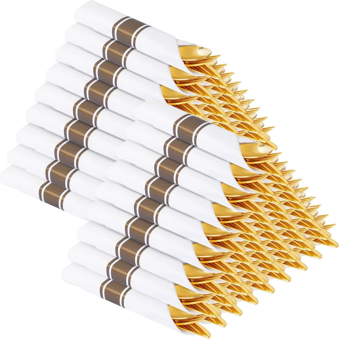 Supernal 100 Pack Gold Plastic Silverware with Napkins, Pre Rolled & Wrapped Gold Disposable Utensils Set (100 Forks, 100 Spoons, 100 Knives), Heavy Duty Plastic Cutlery Rolls for Wedding & Party
