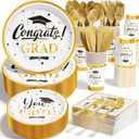Ecomore Graduation Decoration Class of 2026, 350PCS Graduation Party Supplies Disposable Dinnerware(Serve 50) with Paper Plates Cup Napkin Fork Knife Spoon College High School Grad Decor(White & Gold)