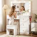 COMHOMA Makeup Vanity Desk with Mirror and Lights, Vanity Table with Divided Drawer and Storage Cabinet, 32In Full Size Mirror& Adjustable 3 Color Modes, Open Storage Shelf, White and Gold