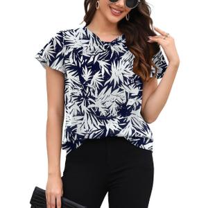 Womens Short Sleeve Chiffon Blouses Dressy Casual V Neck Bow Tie Formal Office Shirts Work Tops (XXL)