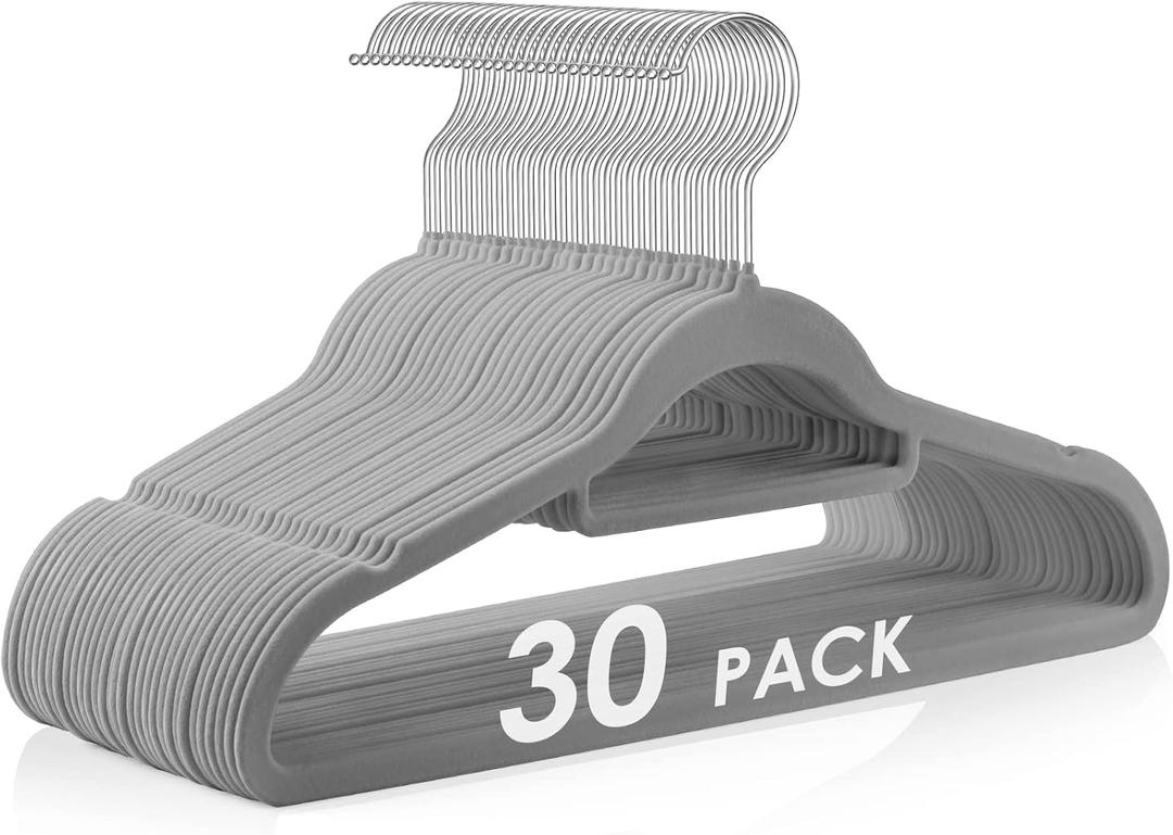 Velvet Hangers Non Slip Felt Hangers, 30 Pack Grey Velvet Clothes Hangers Space Saving Slim with 360 Degree Swivel Hook for Suits Coats, Jackets, Pants, and Dress Clothes (Gray)