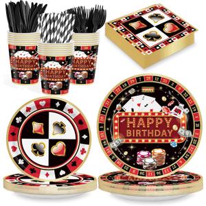 Casino Party Supplies for Girls Boys Kids Las Vegas Themed Happy Birthday Party Decorations Poker Paper Plates Napkin Cups Forks Knives Straw Tableware for 24 Guests