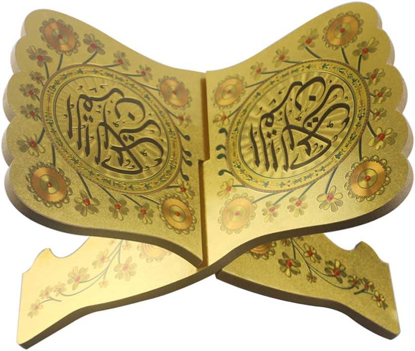 Milisten Wooden Book Stand Vintage Ramadan Quran Holder Folding Bible Display Stand Decorative Islamic Eid Mubarak Bookshelf Organizer for Reading Prayer Chapel Golden