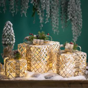 BALRAJ Set of 3 Christmas Lighted Gift Boxes Pre-lit Snowflakes Present Box with Bowknot Light Up Xmas Tree Skirt Ornament Tinsel Christmas Home Decor(B)