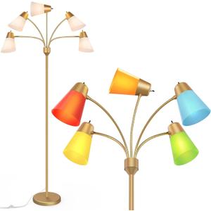 FOLKSMATE LED Floor Lamp, Medusa Multi Head Modern Tall Standing Lamps, Adjustable Corner Reading Floor Light for Living Room, Bedroom, Kids Room, White and Colored Lampshades, Brass Gold