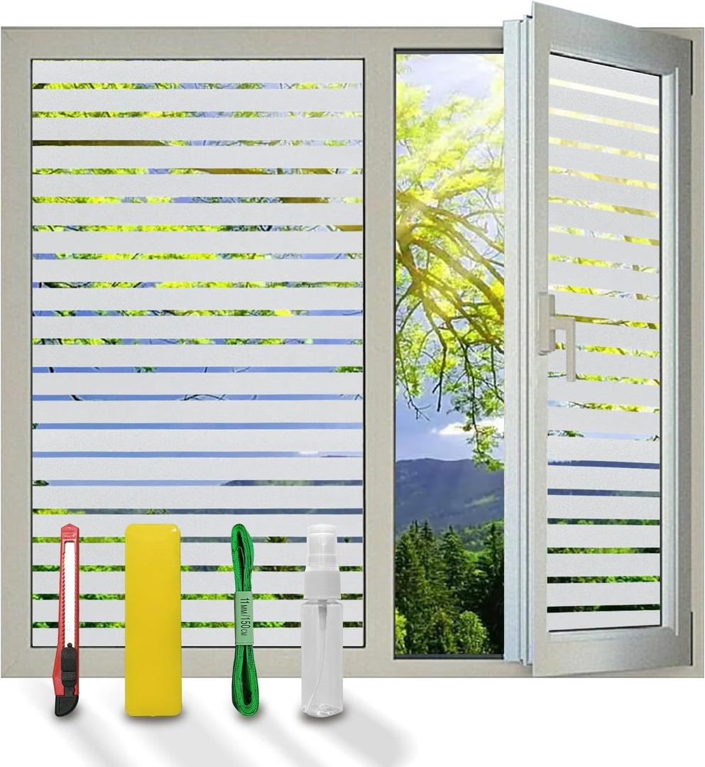 Window Privacy Film with Installation Tools, Stripe Window Film, Static Cling, Anti UV, Heat Control, Ideal for Home Shower Office Glass Door (Stripes Pattern, 35.4X78.7Inch)