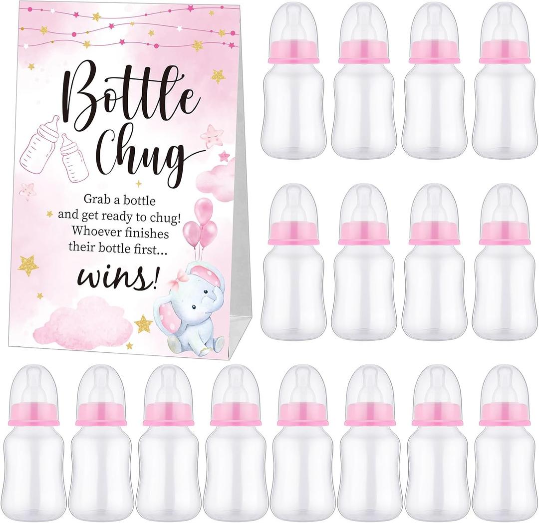 TrelaCo Bottle Chug Baby Shower Game 20 Pcs Baby Bottles Shower Favor with 1 Elephant Theme Sign for Gender Reveal Party Supplies Gifts(Pink)
