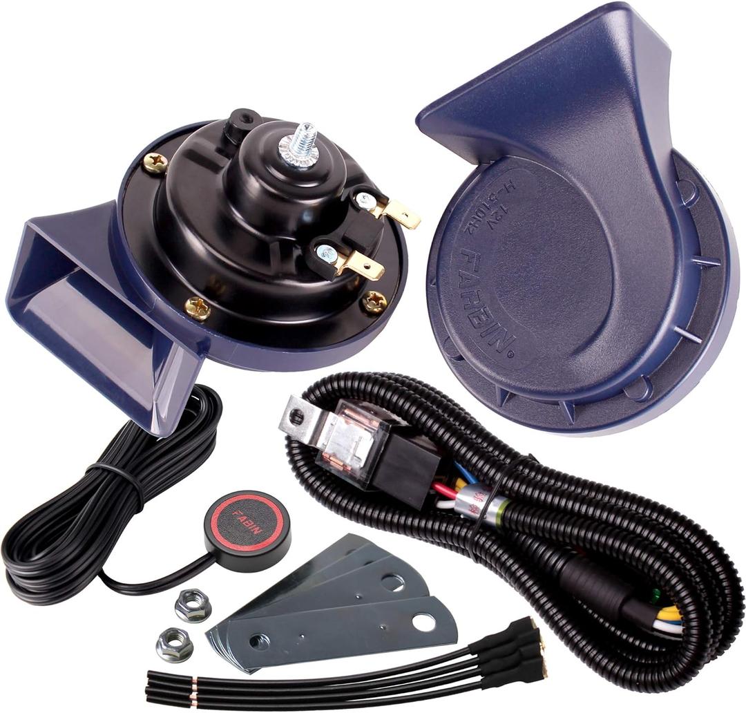 FARBIN Horn 12V Car Horns Loud Dual-Tone Waterproof Auto Horns Electric Snail Horn Kit with Relay Harness and Switch Button,Universal for Any 12V Vehicles (Blue horn with wire harness and button, 12v)