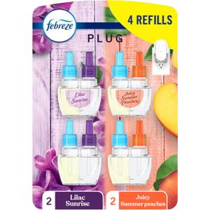 Febreze Plug In Air Freshener, Odor-Fighting Scented Oil Refill, Air Fresheners for Home and Bathroom and Kitchen, Long Lasting for Strong Odors, Lilac and Peach Scent, 0.87oz Refills, 4 Count