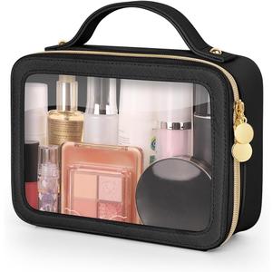 Soimeat Clear Makeup Bag, Portable Travel Cosmetic Bags, Multipurpose Leather Toiletry Bag with Zipper, Waterproof Transparent Cosmetic Organizer for Women, Medium, Black