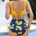 Women's High Waisted Bikini Sets V Neck Twist Front Ruched Bathing Suit Padded Lace Up Back Two Piece Swimsuit (M)